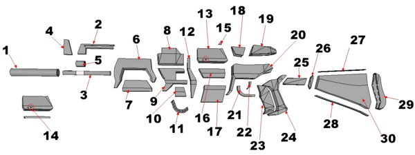 Papertropia Papercraft Assault Rifle Model 1 exploded view drawing.png