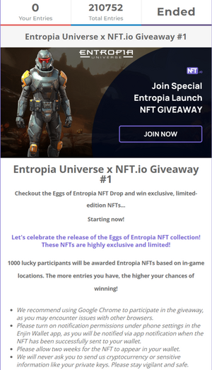 Entropia Universe NFT.io Giveaway Gleam