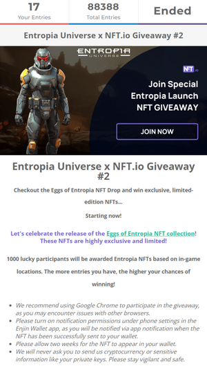 Entropia Universe NFT.io Giveaway Gleam #2